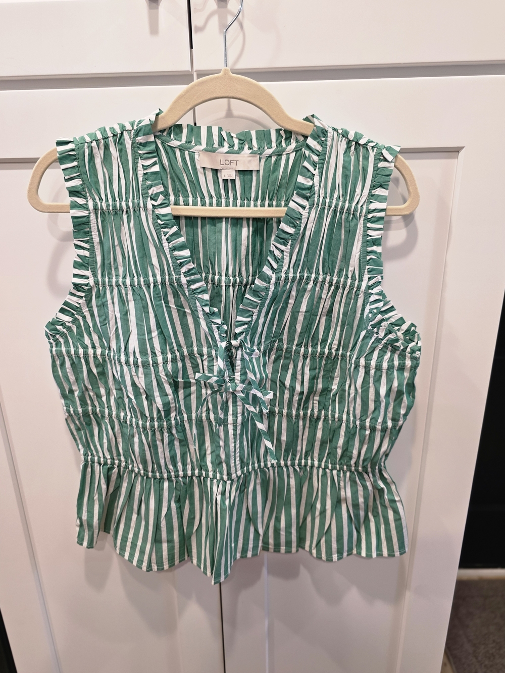 LOFT Green & White Striped Ruffle Peplum Tank